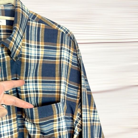 John W. Nordstrom Button Down Shirt Cotton Plaid Blue Tan Ivory Vintage XL - Picture 6 of 13